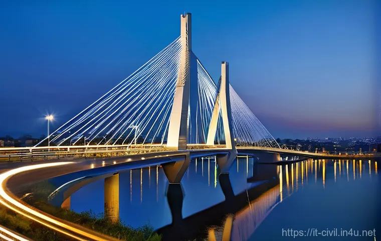 토목공학 실무 사례 공유 - **Prompt:** "A majestic, modern cable-stayed bridge, a testament to cutting-edge civil engineering, ...
