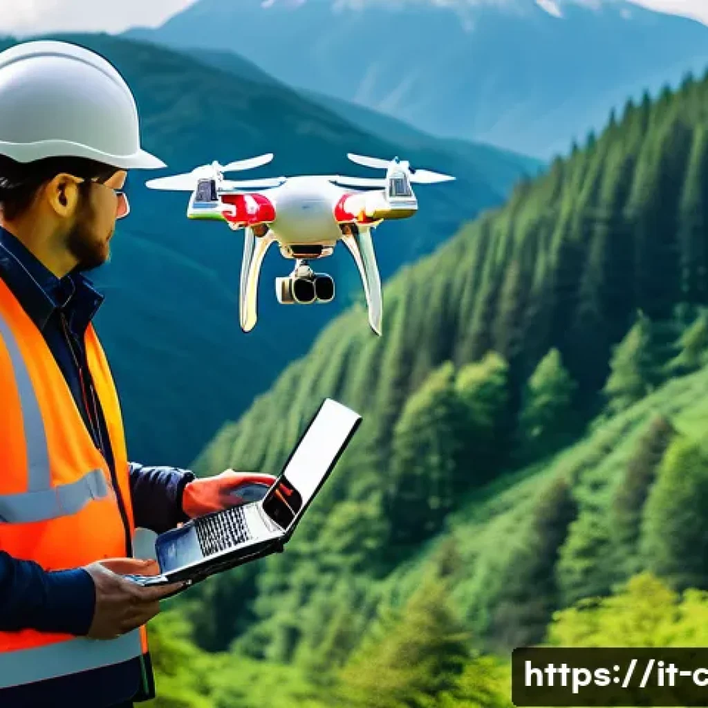 토목공학에서 측량 기술 활용 - A civil engineer operating a drone equipped with LIDAR sensors over a mountainous, forested terrain ...