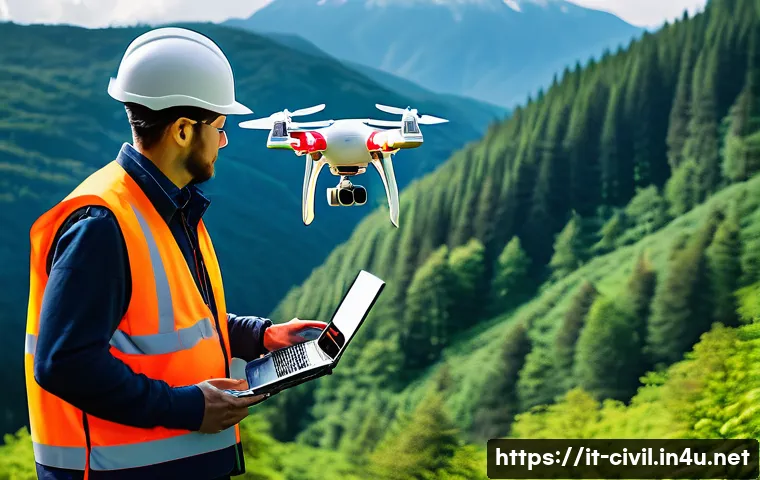 토목공학에서 측량 기술 활용 - A civil engineer operating a drone equipped with LIDAR sensors over a mountainous, forested terrain ...