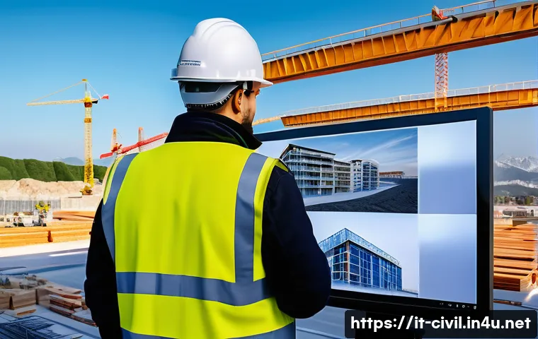 토목기사 자격증으로 진출 가능한 직업 - A modern construction site in Italy showcasing advanced digital technologies: engineers wearing safe...