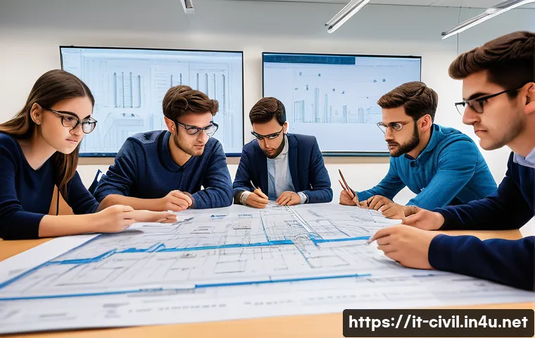 토목기사 시험 주요 과목 정리 - A detailed engineering classroom scene focused on structural mechanics: a diverse group of Italian c...