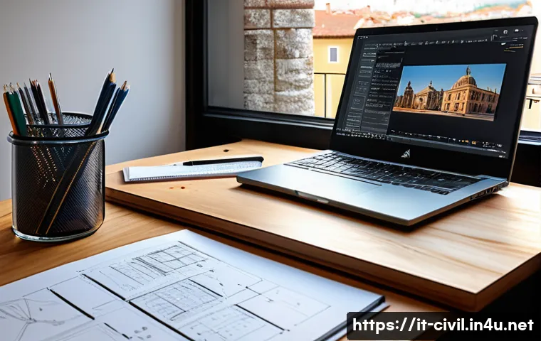 토목기사 자격증 준비를 위한 도구 - A modern study workspace of an Italian civil engineering student preparing for certification, featur...