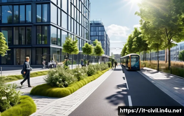 토목공학자의 해외 취업 가능성 - A modern Scandinavian sustainable urban infrastructure scene featuring eco-friendly green buildings ...