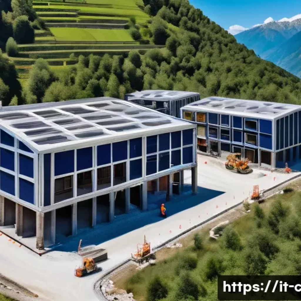 토목공학에서 재난 복구 설계 사례 - A detailed aerial view of a post-disaster reconstruction site in an Italian mountainous region, show...
