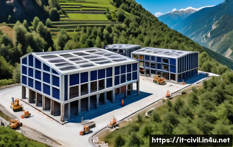 토목공학에서 재난 복구 설계 사례 - A detailed aerial view of a post-disaster reconstruction site in an Italian mountainous region, show...
