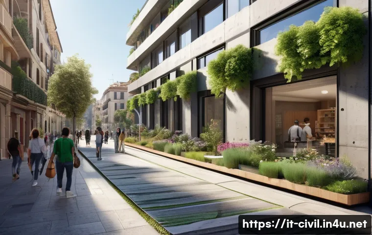 토목공학 현장에서의 기후변화 대응 - A futuristic urban streetscape in Italy showcasing resilient infrastructure: modular buildings made ...
