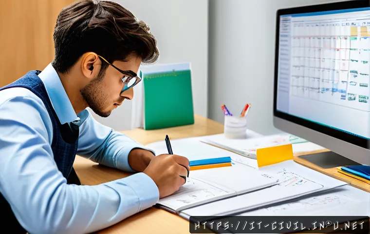 토목기사 필기시험 핵심 요약 - A focused Italian civil engineering student studying at a tidy desk with detailed study materials: t...