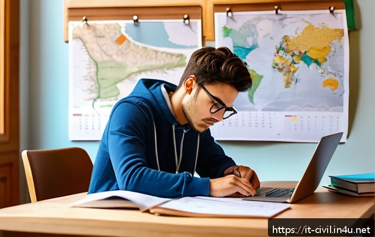 토목기사 자격증 시험 일정 - A focused Italian civil engineering student studying at a wooden desk in a cozy, sunlit room decorat...