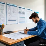 Home 22 토목기사 실기시험 모범 답안 - A detailed scene of an Italian civil engineering student during a practical exam, carefully planning...