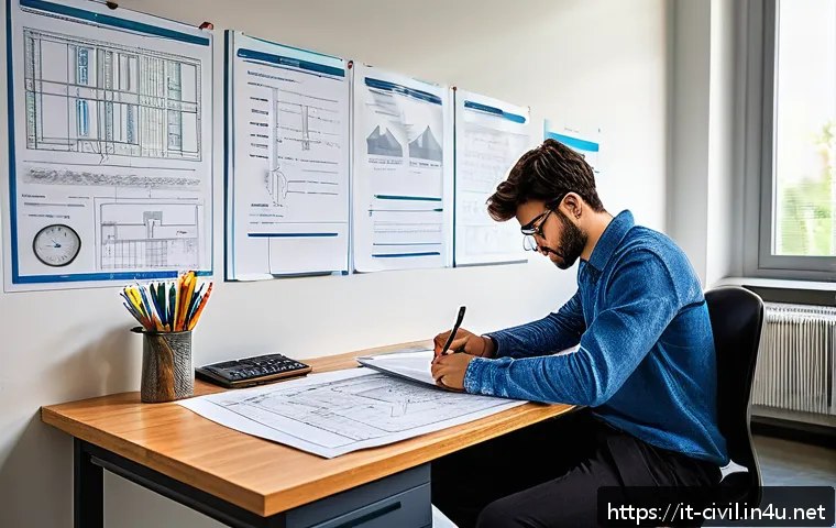 토목기사 실기시험 모범 답안 - A detailed scene of an Italian civil engineering student during a practical exam, carefully planning...