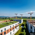 Home 21 토목공학과 지속 가능한 개발 - A modern Italian construction site in Lombardy featuring drones flying overhead while collecting rea...
