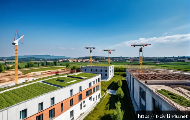 토목공학과 지속 가능한 개발 - A modern Italian construction site in Lombardy featuring drones flying overhead while collecting rea...