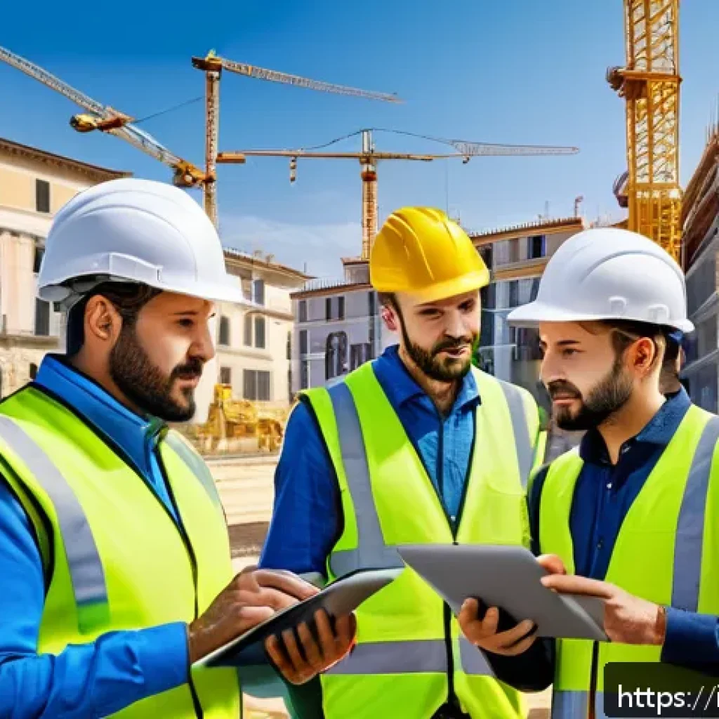 토목공학 현장에서의 시간 관리 - A detailed construction site scene in Italy showing multiple work teams and subcontractors coordinat...