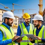 Home 19 토목공학 현장에서의 시간 관리 - A detailed construction site scene in Italy showing multiple work teams and subcontractors coordinat...