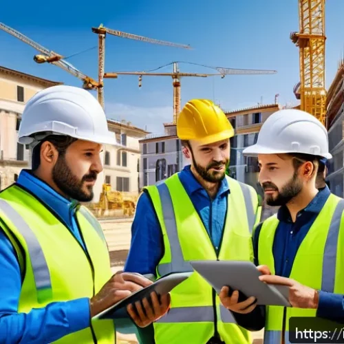 Home 31 토목공학 현장에서의 시간 관리 - A detailed construction site scene in Italy showing multiple work teams and subcontractors coordinat...