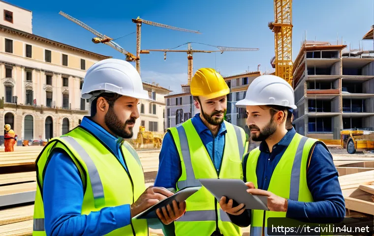토목공학 현장에서의 시간 관리 - A detailed construction site scene in Italy showing multiple work teams and subcontractors coordinat...