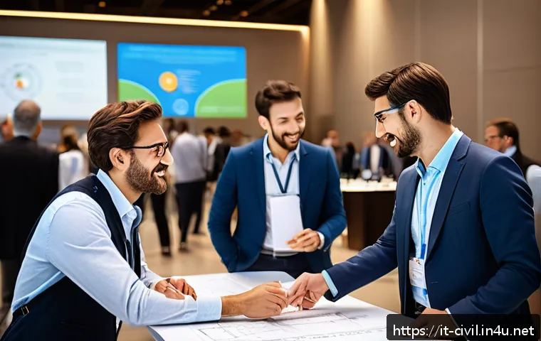 토목공학자들의 네트워크 형성 방법 - A professional civil engineering conference scene in Italy, featuring diverse engineers in business ...